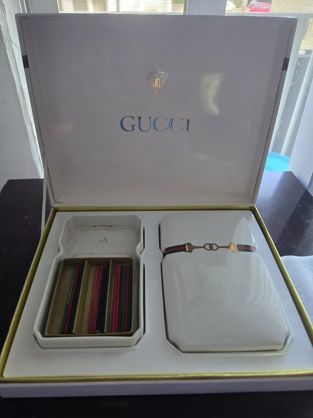 Gucci White Porcelain Cuff Link Set with Green-Red Web Stripe